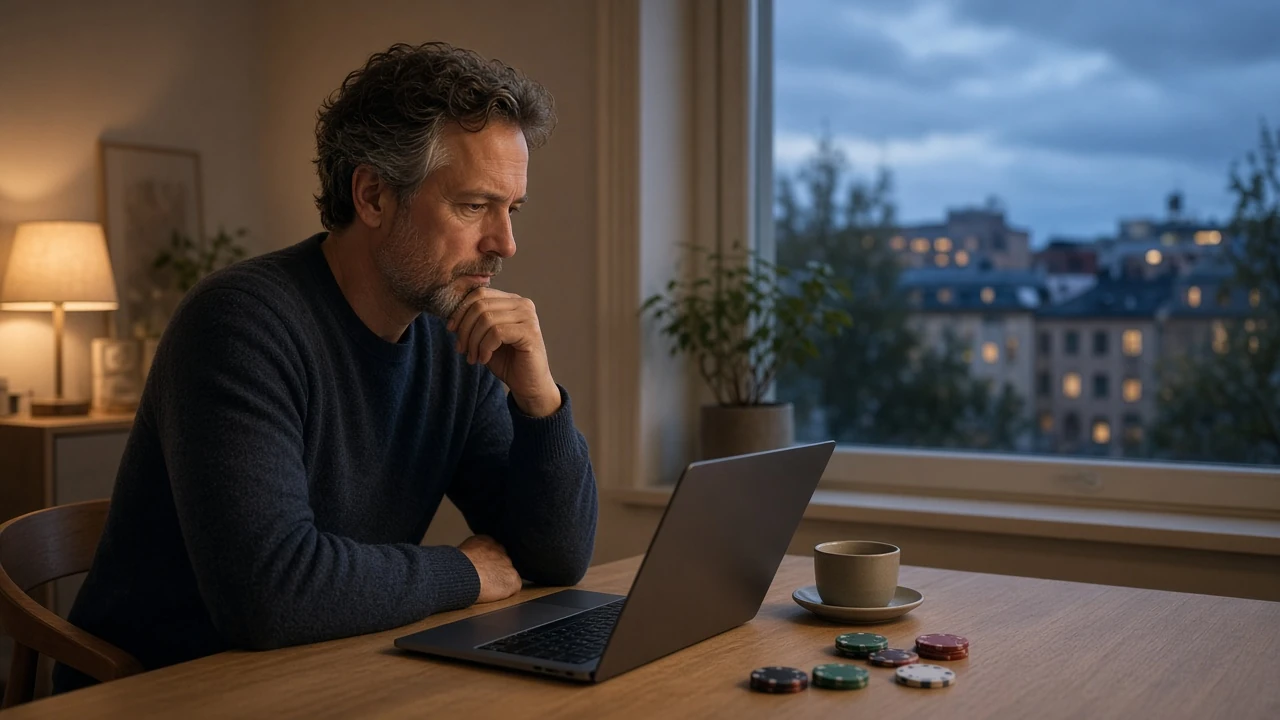 Man vid bord i skandinavisk vardagsrum som noggrant utvärderar ett online casino