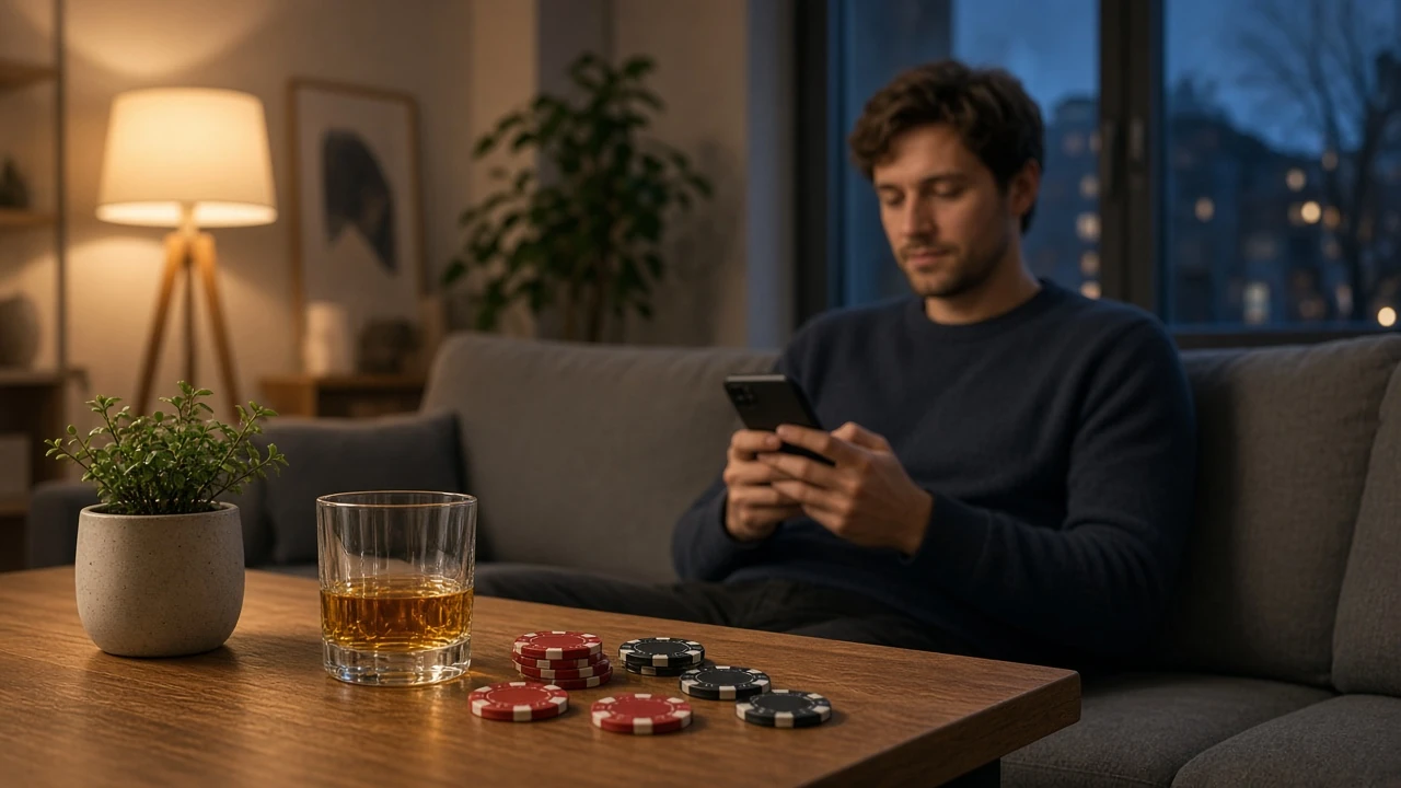 Modern svensk lägenhet med mobil, casinofigurer och whiskyglas på bordet