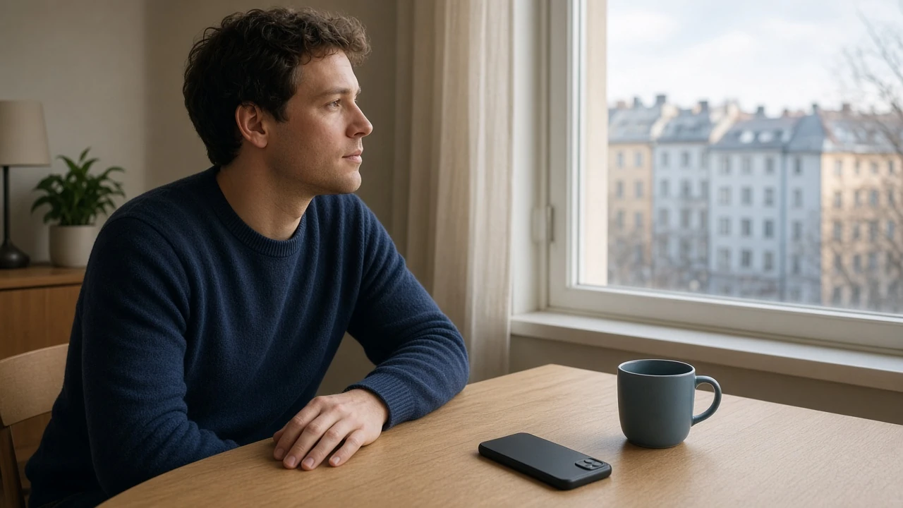 En person vid ett skandinaviskt skrivbord med telefonen vänd nedåt.