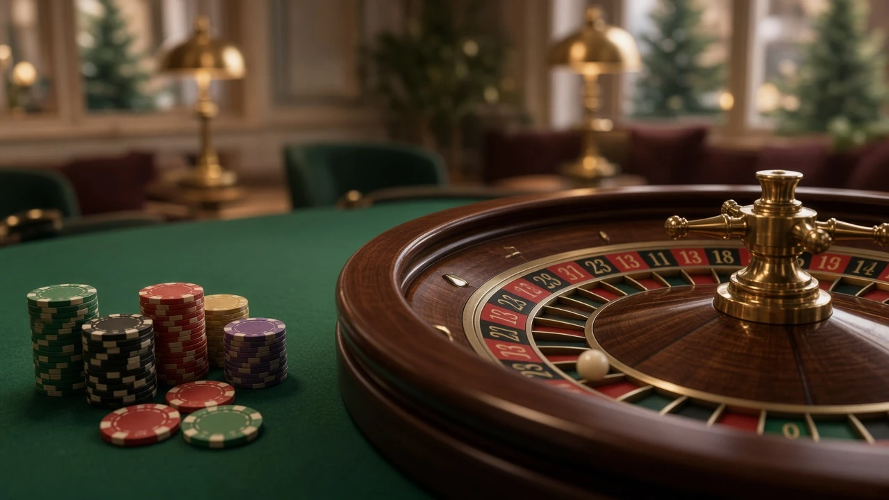 Elegant roulettehjul med färgglada casinomarker på ett grönt bord