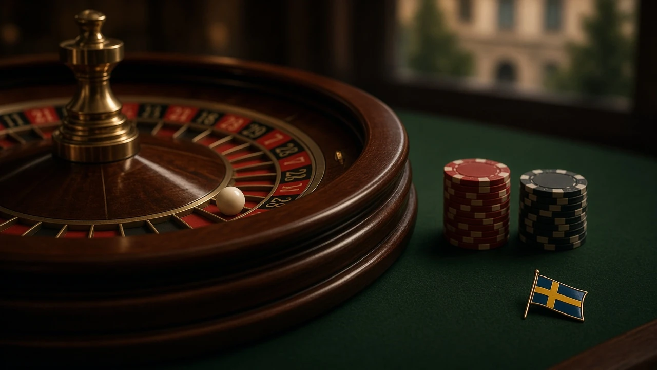 Europeisk roulettehjul på grönt casino-bord med marker och svensk flagga