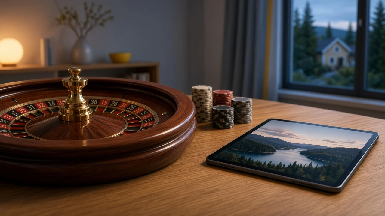 Roulettehjul och spelmarker på ett elegant nordiskt träbord med surfplatta