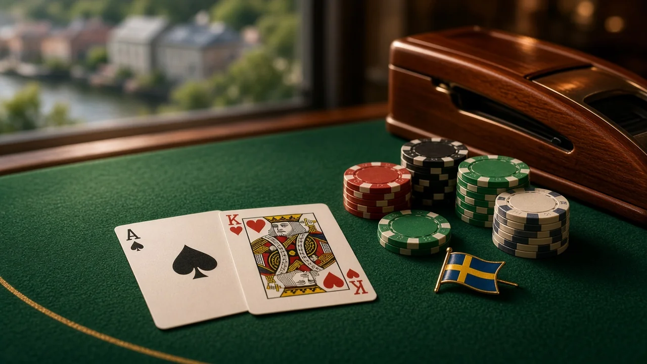 Blackjack-hand med ess och kung på ett grön filtbord med casinofärgade marker