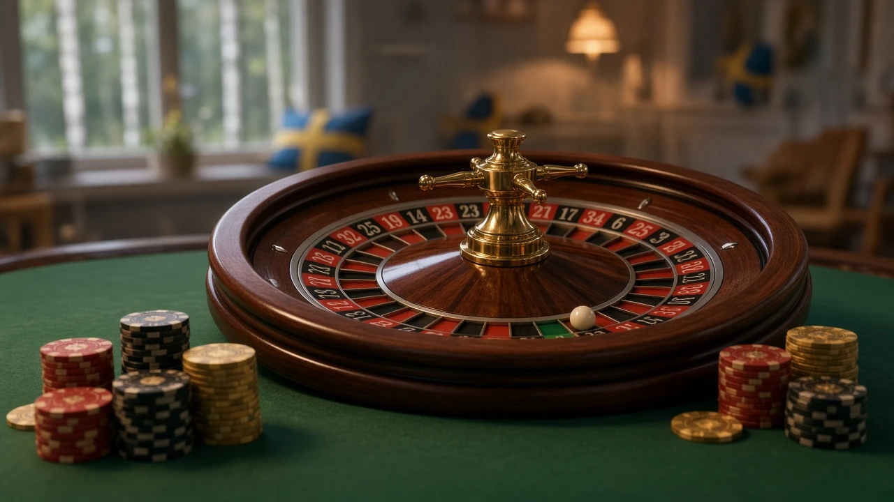 Europeisk roulettehjul med casinokåkmarker på grönt bord