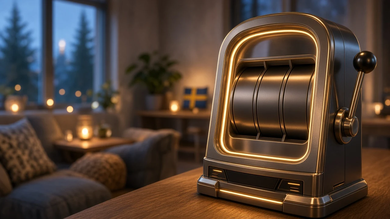 Glittrande spelautomat i modern svensk loungemiljö med varm belysning