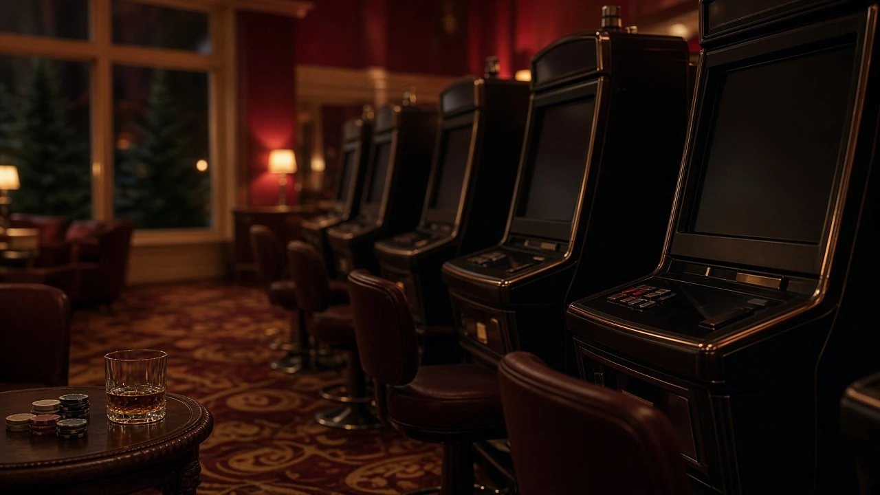 Sida av spelautomater i en svensk casinolokal med dämpad belysning
