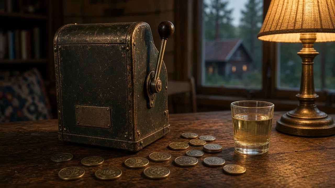 Svensk spelautomat med kronor och mynt på bord