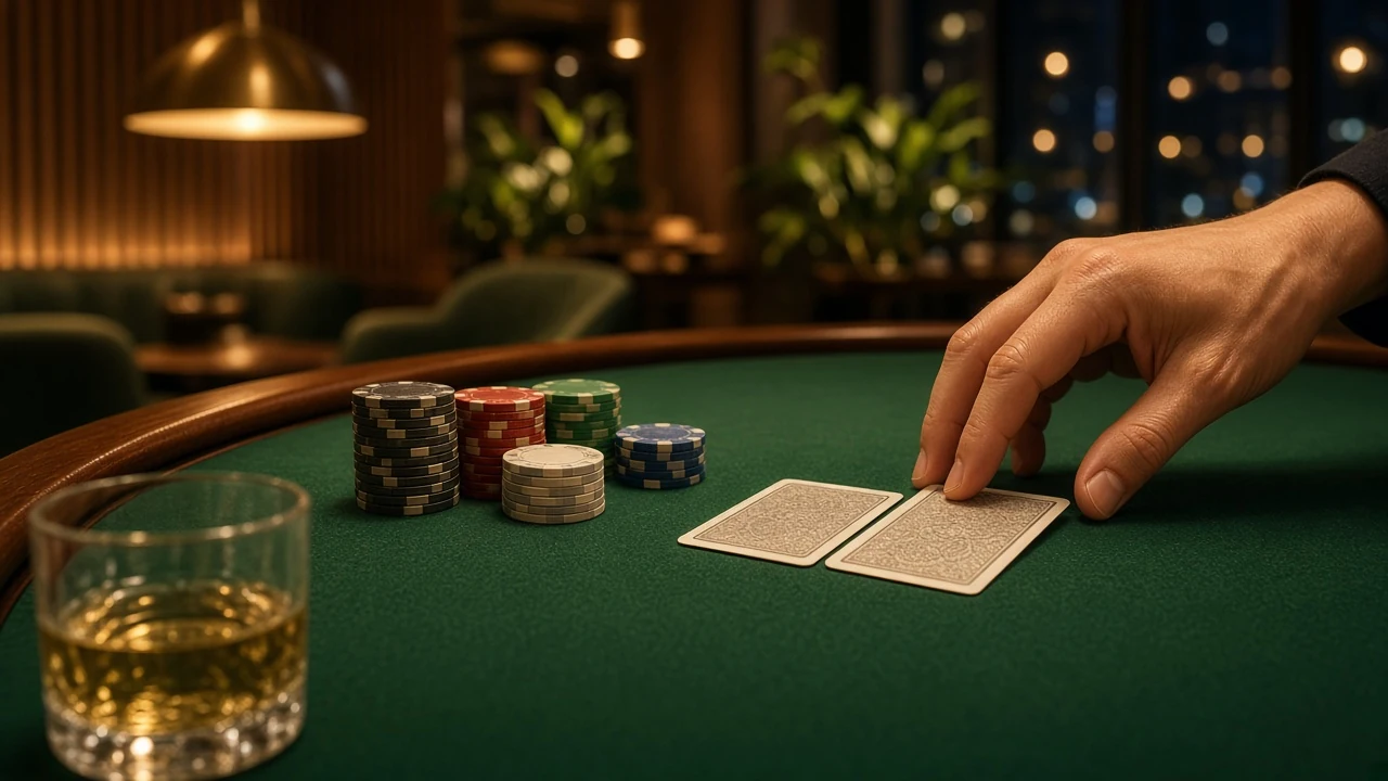 Blackjack-bord med kort och marker i en svensk casinokväll