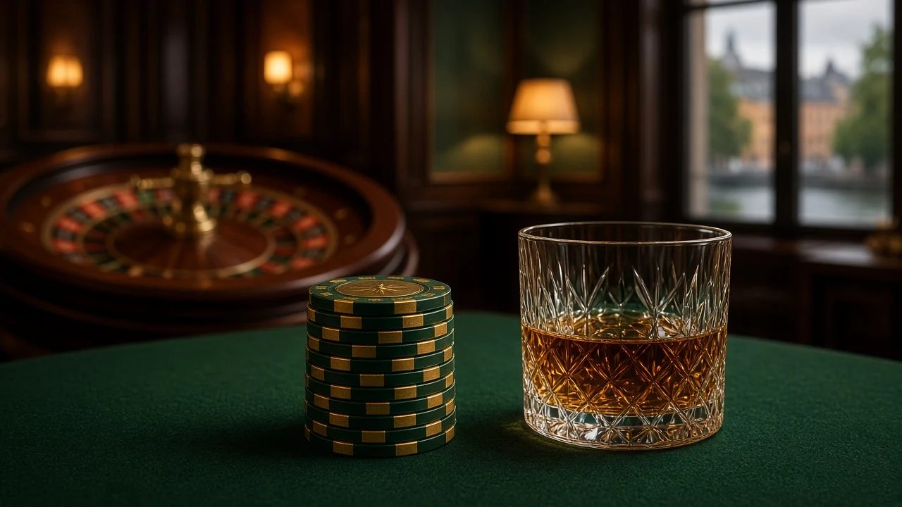 Elegant svensk casinomiljö med marker och roulettehjul i varm belysning
