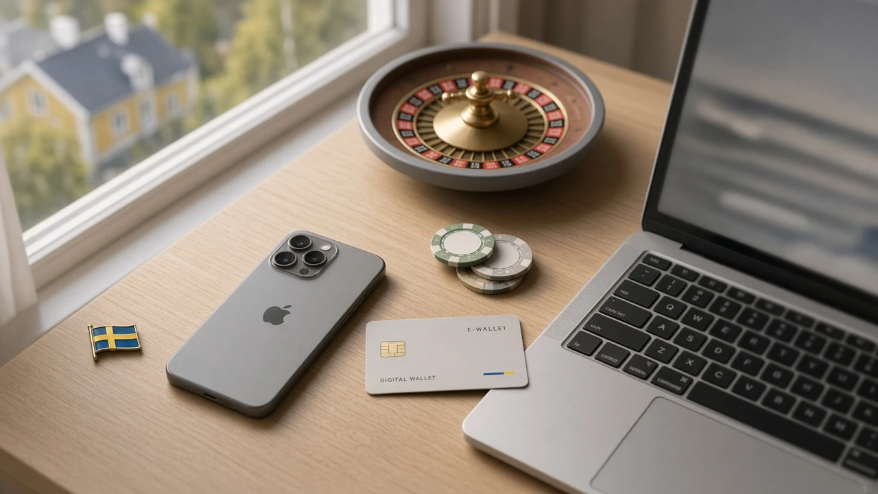 Skandinavisk skrivbord med smartphone, e-plånbok och casinotema