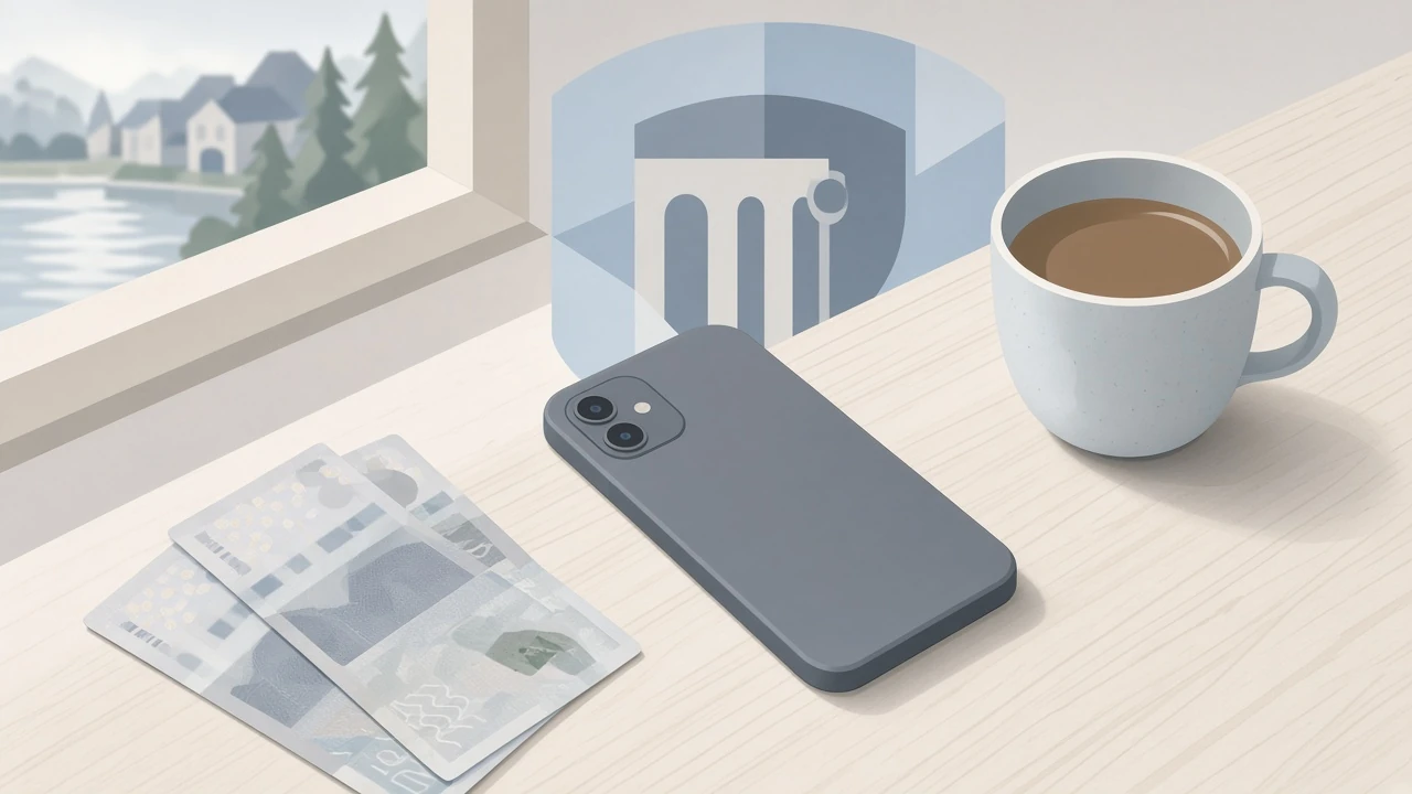 Smarttelefon med svenska kronor och kaffekopp i minimalistisk nordisk stil