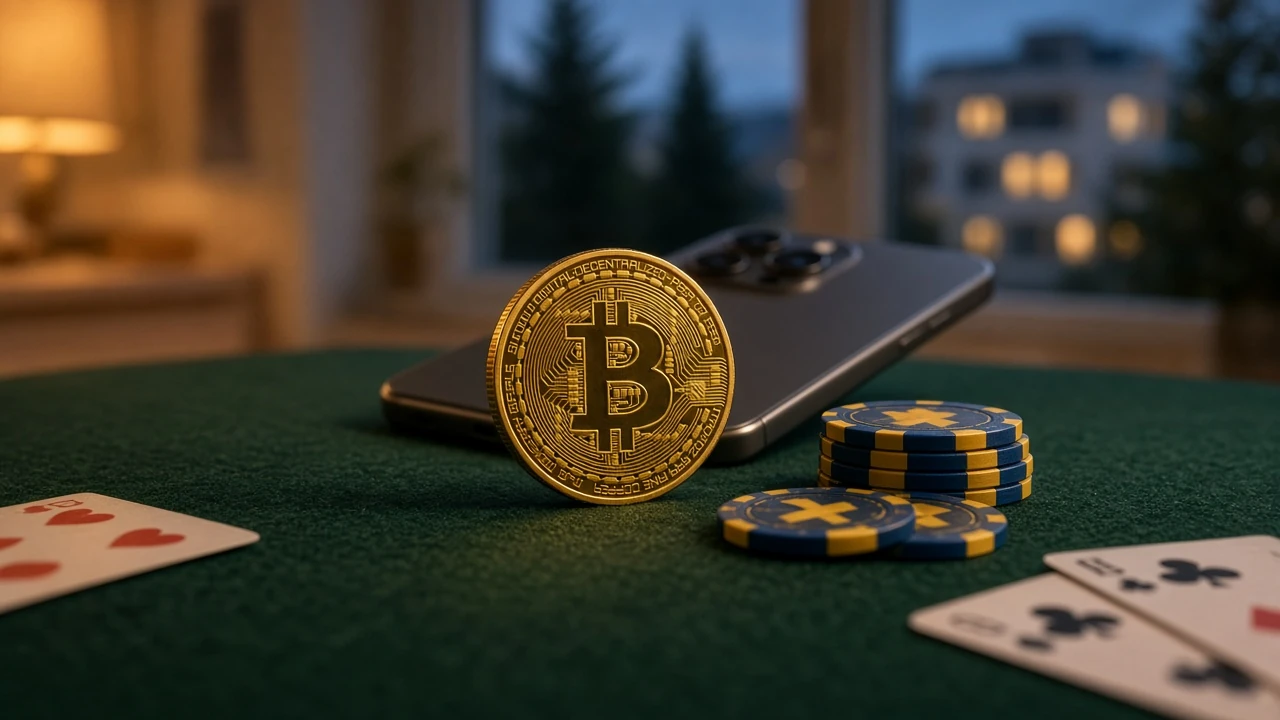 Fysiskt Bitcoin-mynt på grönt casinobord med blå och gula marker