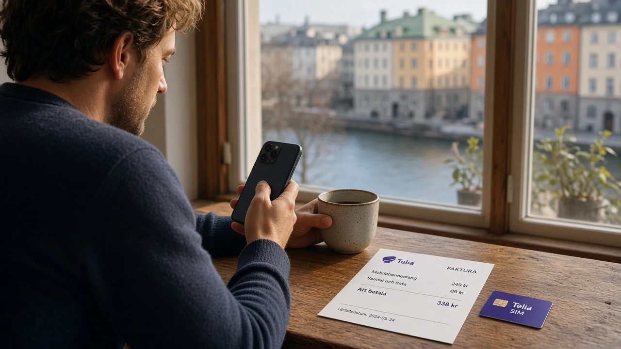 Person med mobiltelefon och mobilräkning i Stockholm