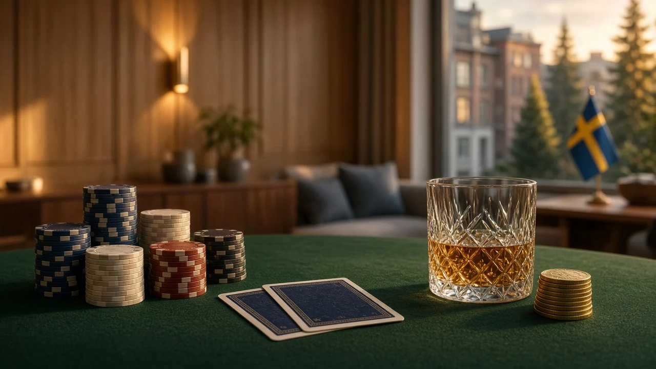 Elegant casinobord med färgglada marker, kort och guldmynt, svensk inredning i bakgrunden