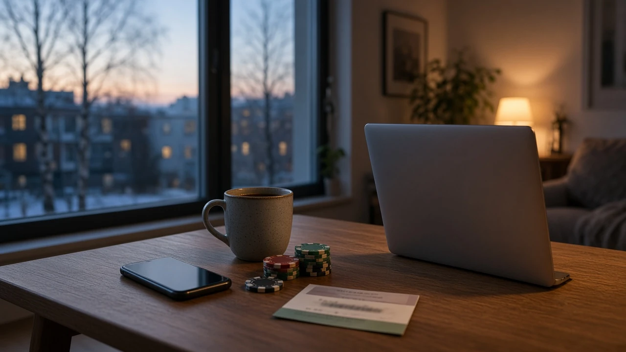Svensk hemmakväll med laptop, casinofixar och bonussedel på bordet