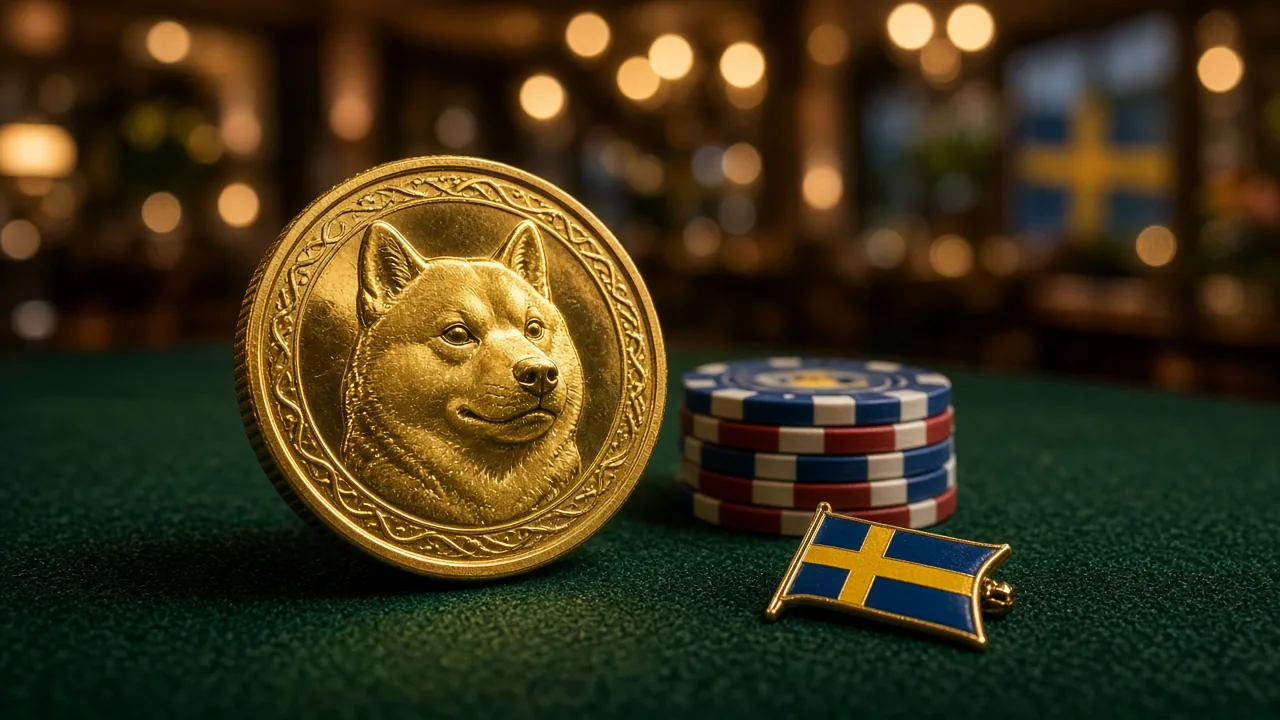 Guldmynt med Dogecoin-symbol på grönt casinobord med jetonger och svensk flagga