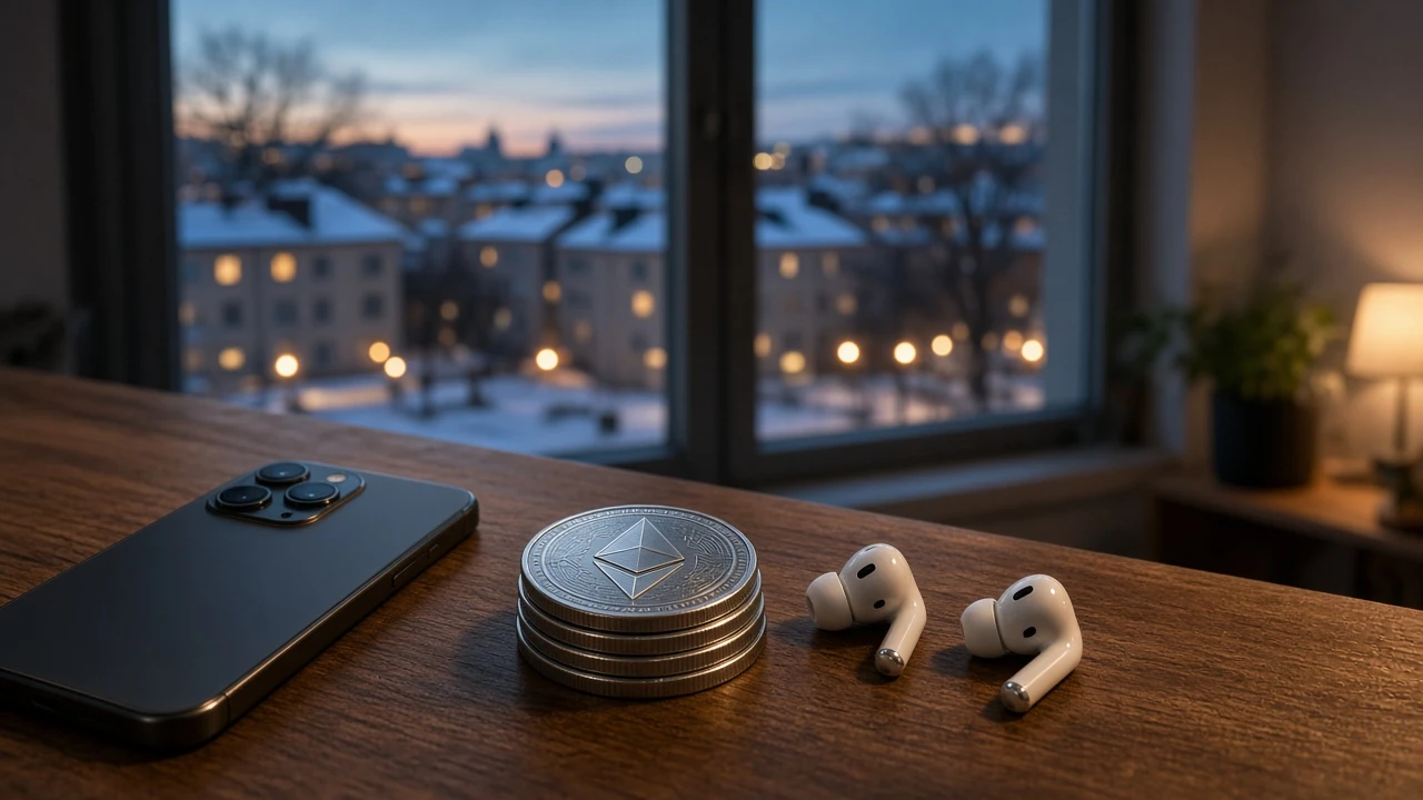 Ethereum-temamynt och telefon på svenskt bord vid fönster med snöig Stockholmsutsikt