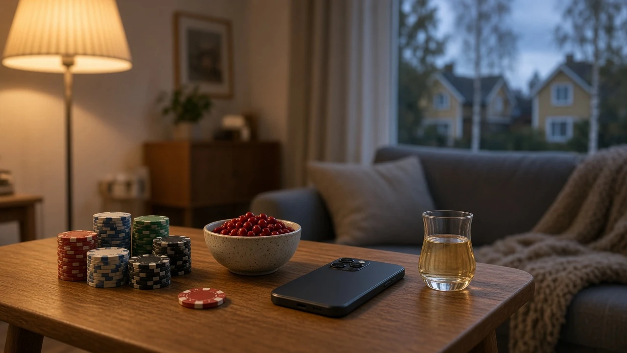 Skandinaviskt vardagsrum med casinokmarker och bär på bordet