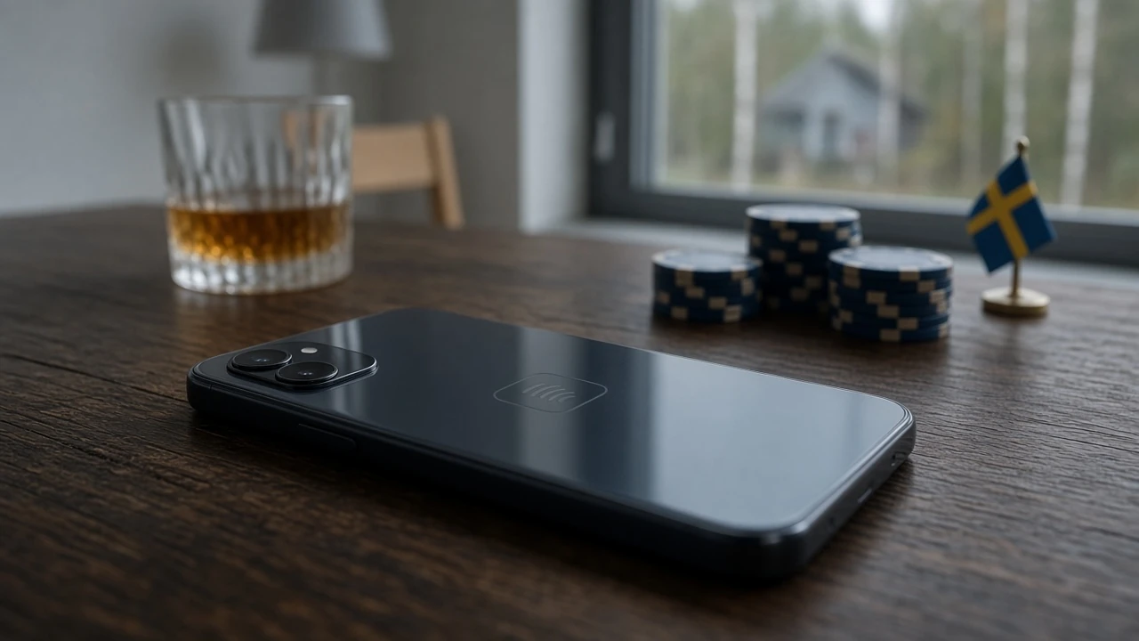 Smartphone med Google Pay-betaling på ett casinobord med marker