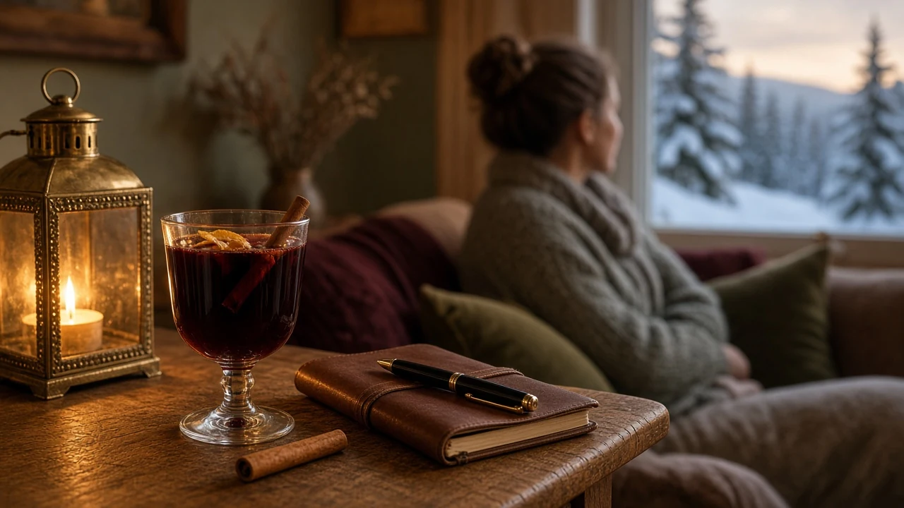 Stämningsfullt vardagsrum med glögg och läderanteckningsbok vid fönster