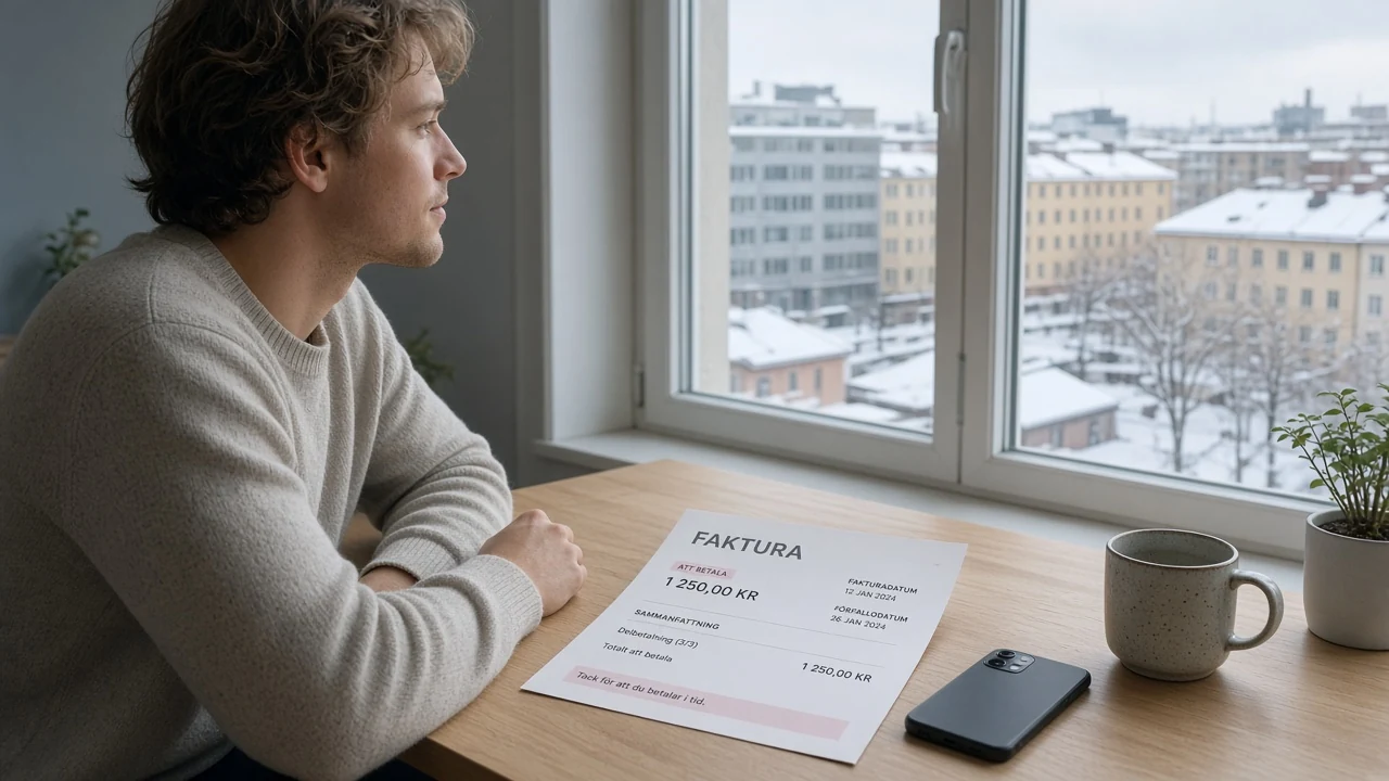 Svensk person vid skrivbord med faktura och telefon bredvid kaffekopp