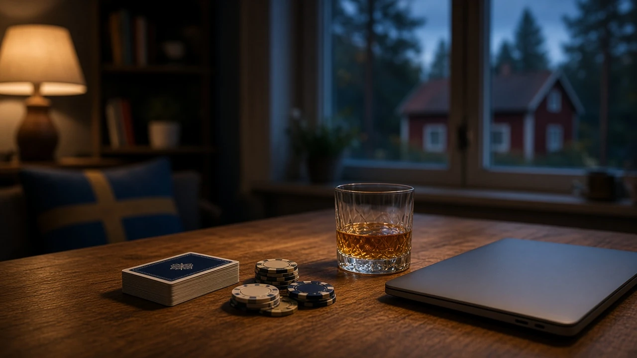 Kortspel med casinoklass på ett nordiskt bord