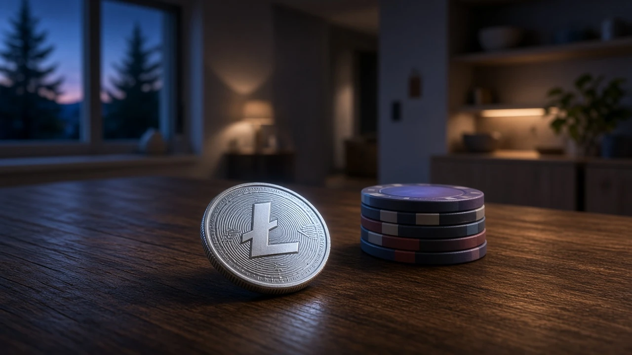 Litecoin-mynt och casinofichar på ett minimalistiskt bord