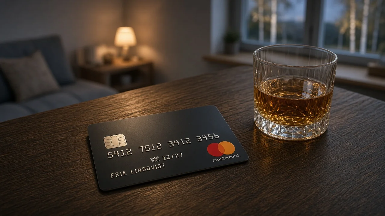 Mastercard-kreditkort på ett minimalistiskt svenskt bord med dämpad belysning