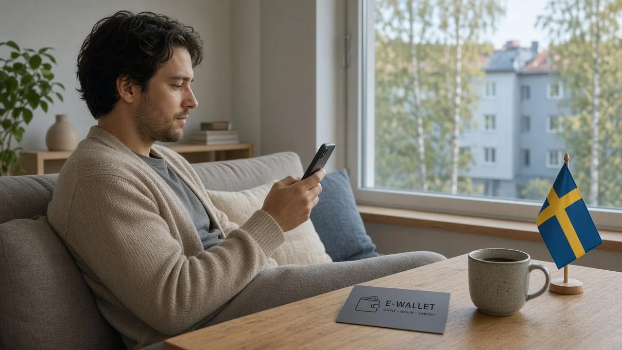 Person med e-plånbok och telefon i svensk vardagsrum