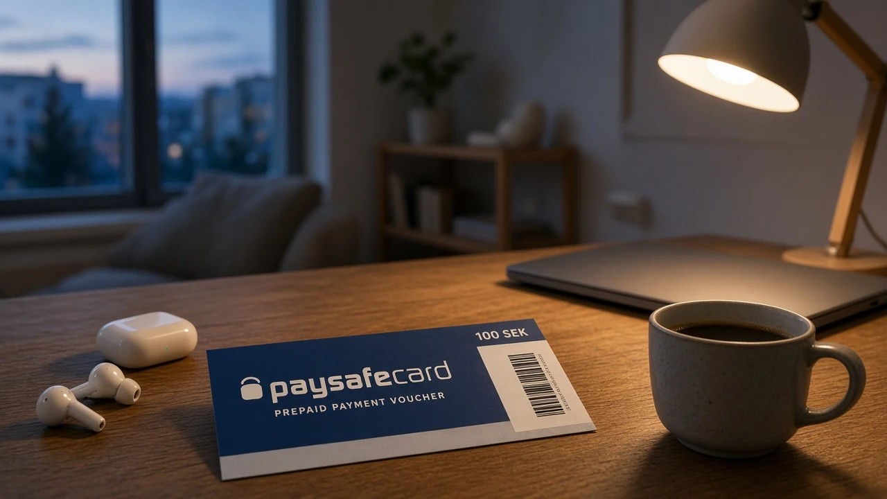 Paysafecard-kupong på ett svenskt bord vid en laptop