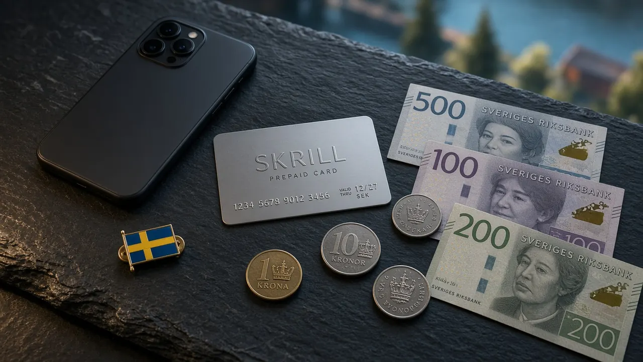 Skrill-kort, svenska kronor och telefon på mörkt bord