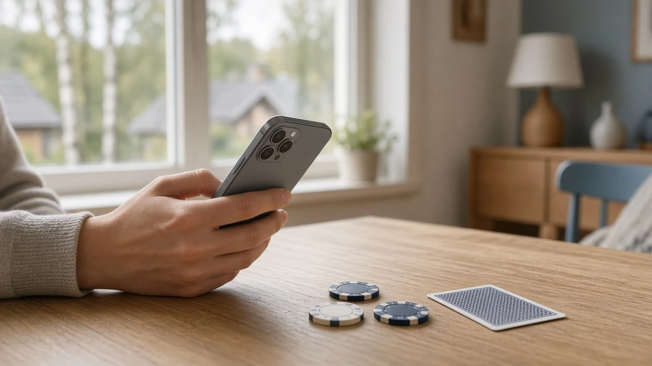 Hand med smartphone vid ett bord med pokerchips i ett svenskt hem