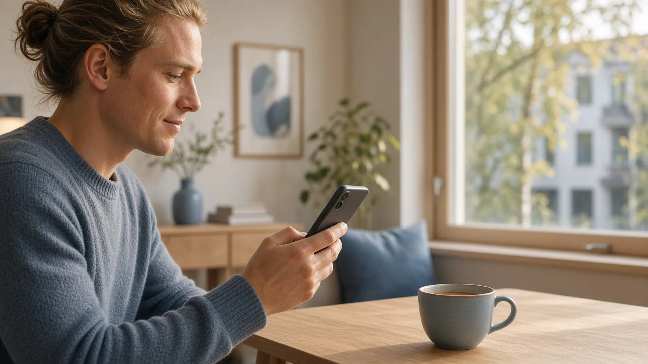 Person med smartphone i modernt skandinaviskt vardagsrum, symboliserar snabba casinouttag