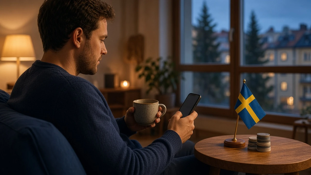 Person med smartphone och kaffekopp i svensk hemmiljö med casinofärgar