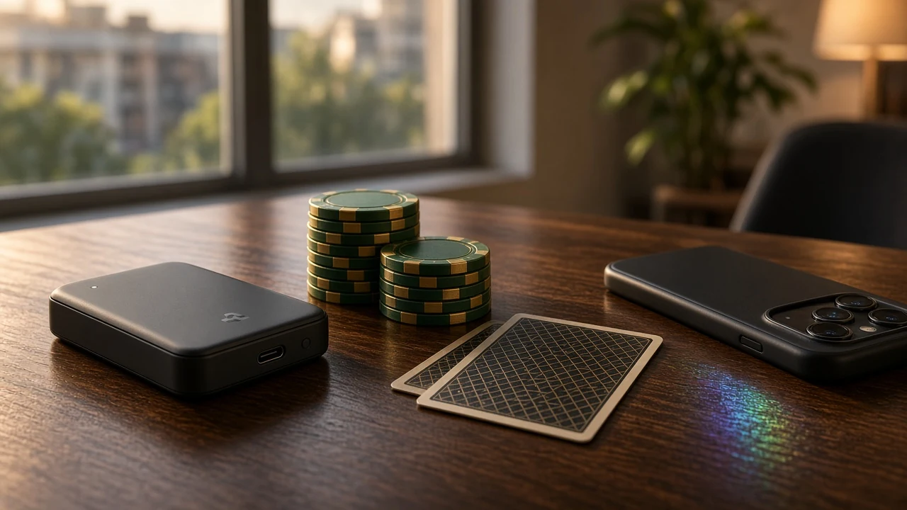 Kryptoplånbok och casinomarker på ett skrivbord i Stockholm