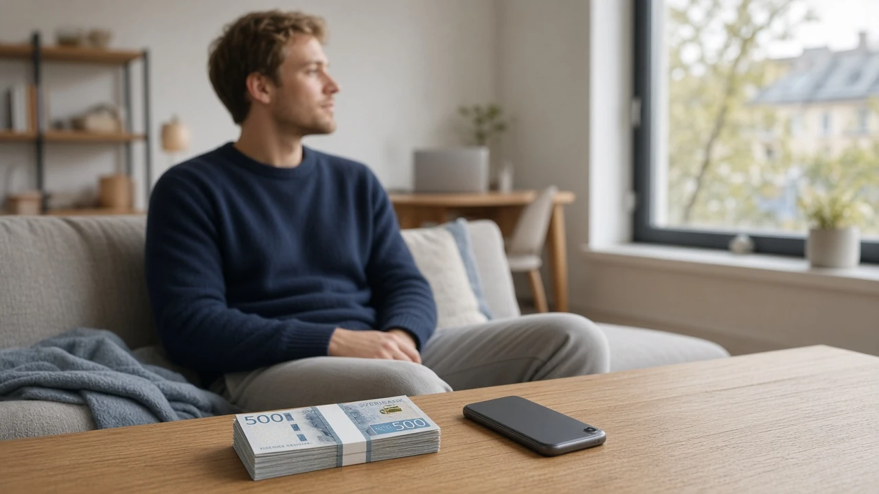 Svensk person med kontanter och telefon i modernt vardagsrum