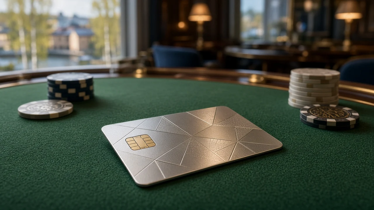 Generiskt betalkort och casinomarker på grönt bord i svensk atmosfär