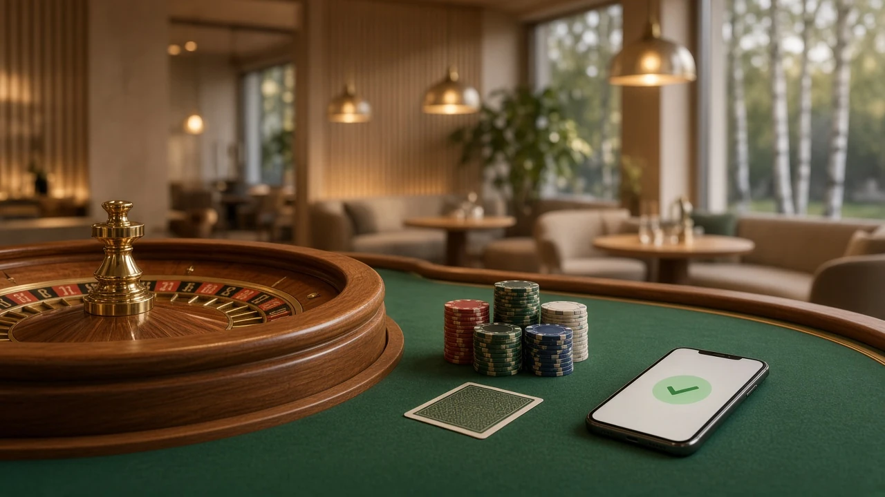 Svensk casinomiljö med roulettebord, marker och smartphone med betalningsbekräftelse
