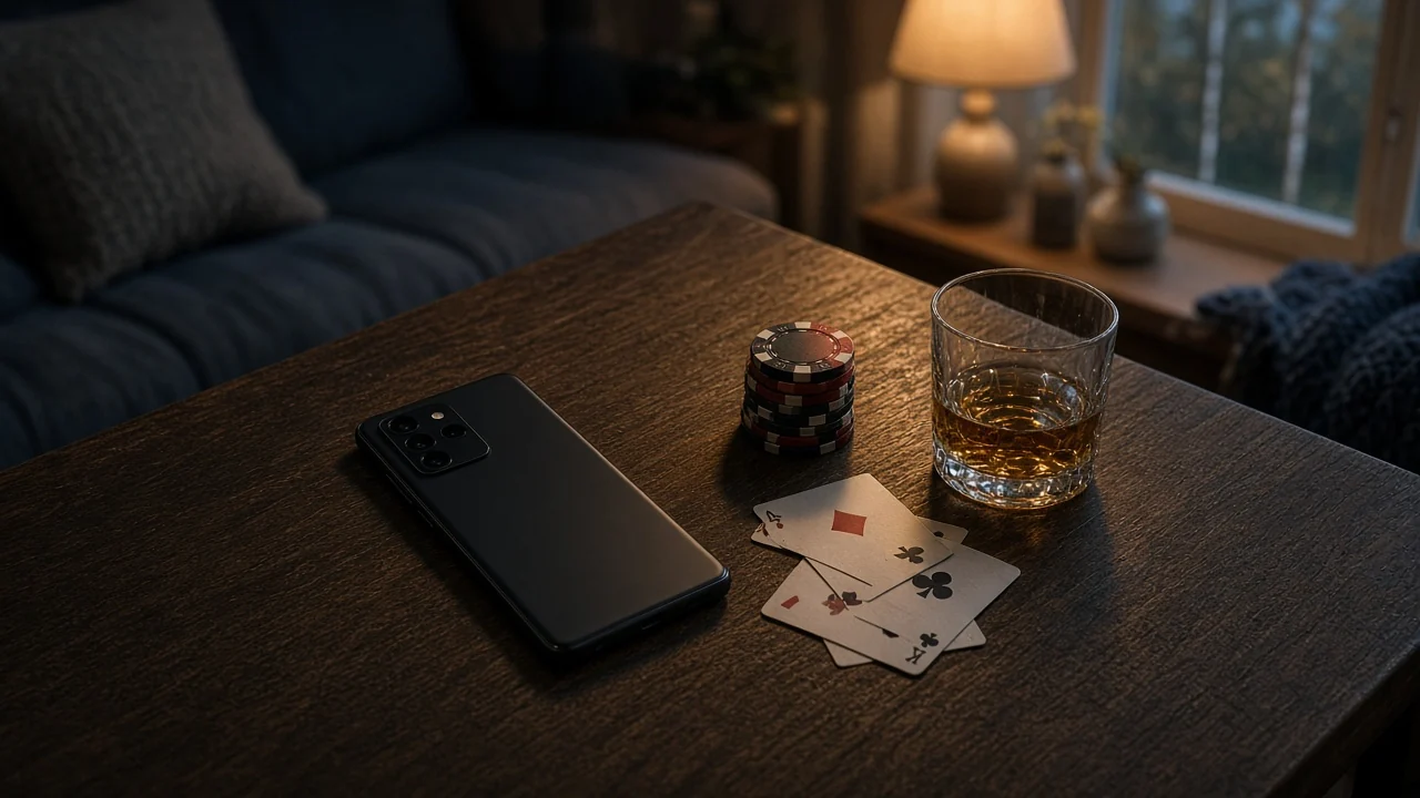 Android-telefon på bordet med casinofigurer och kort i skandinavisk miljö
