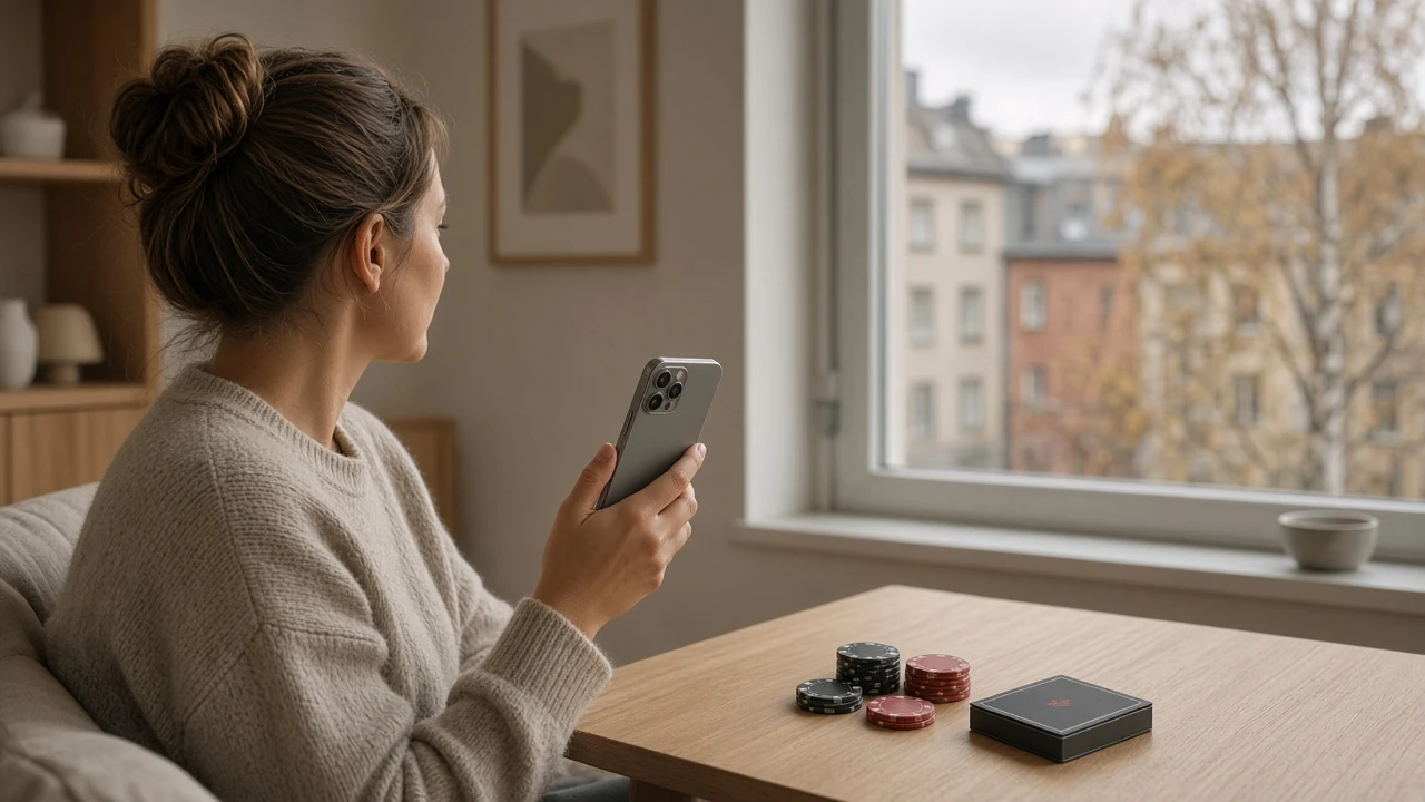 Person som håller en iPhone i en modern svensk lägenhet med casinotyper på bordet