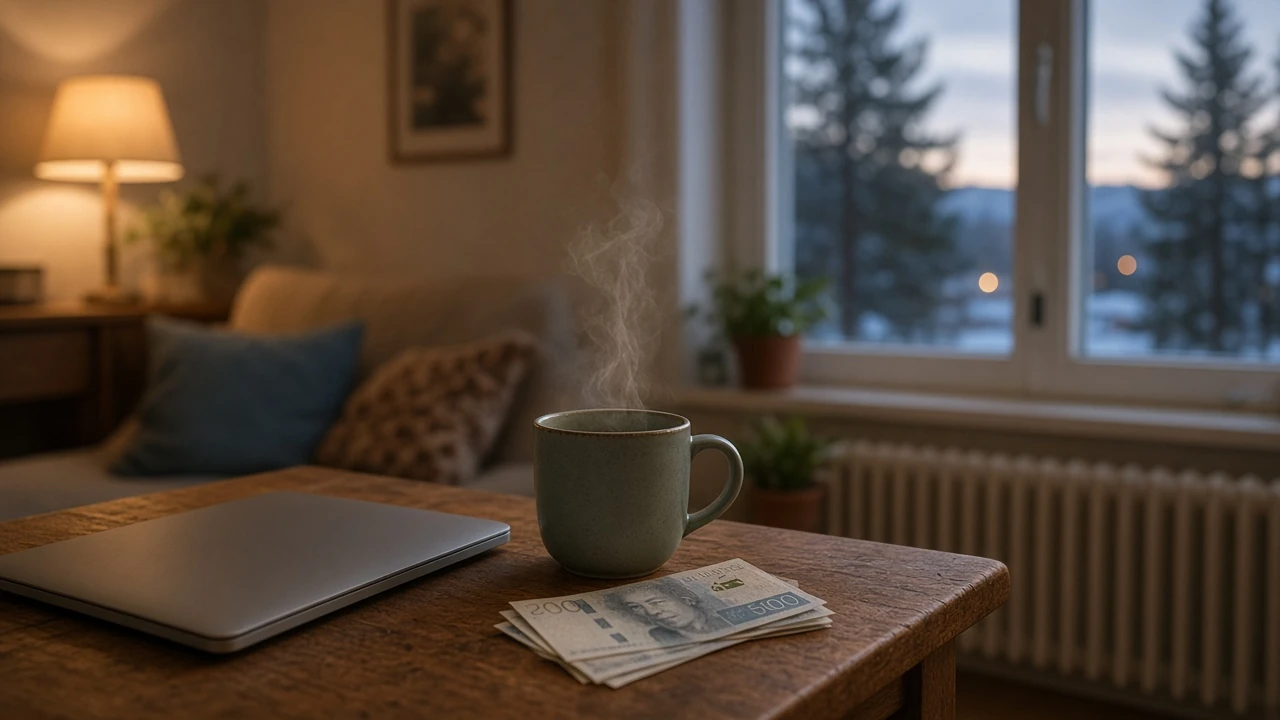 Stängt laptopbord i svenskt vardagsrum med kaffekopp och sedlar