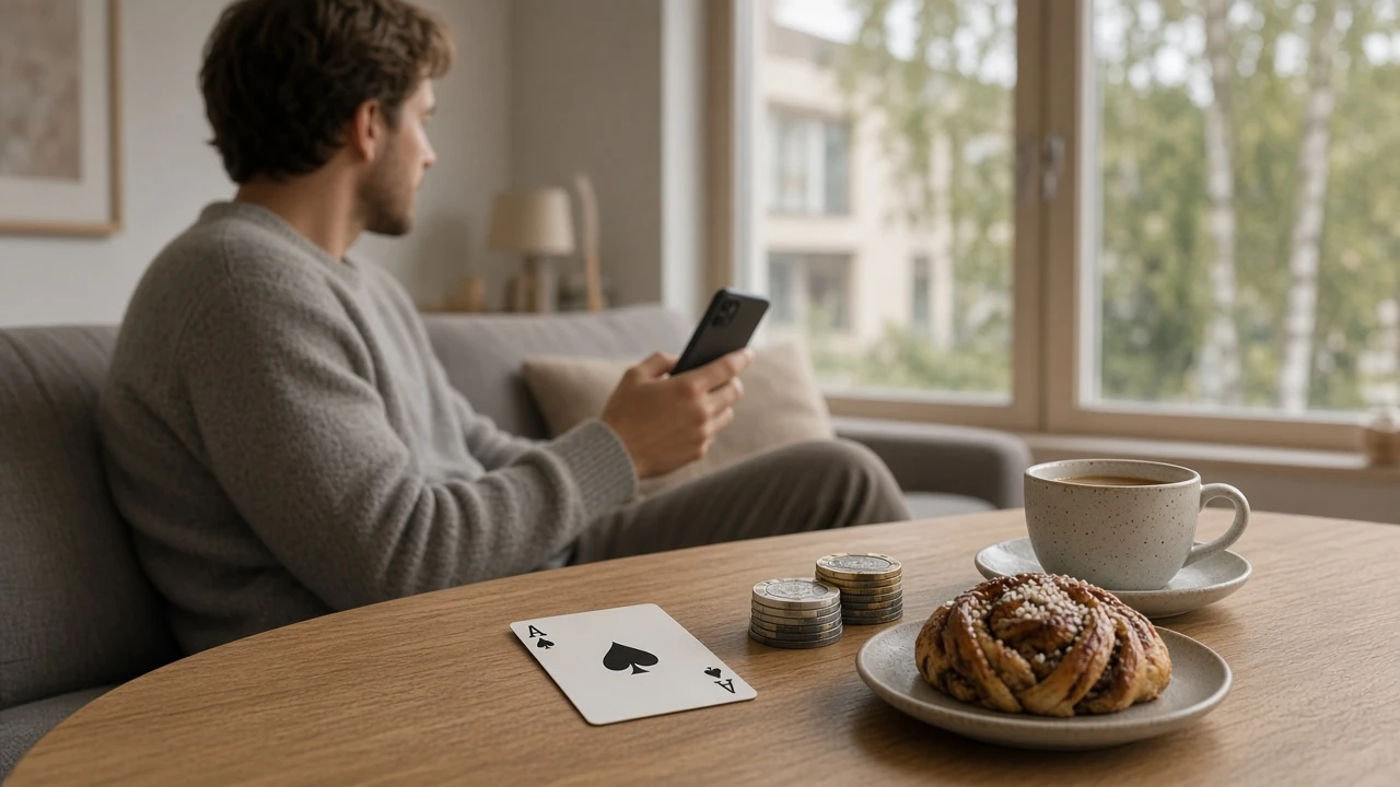 Avslappnad person i modernt svenskt vardagsrum med mobil, spelkort och kaffekopp