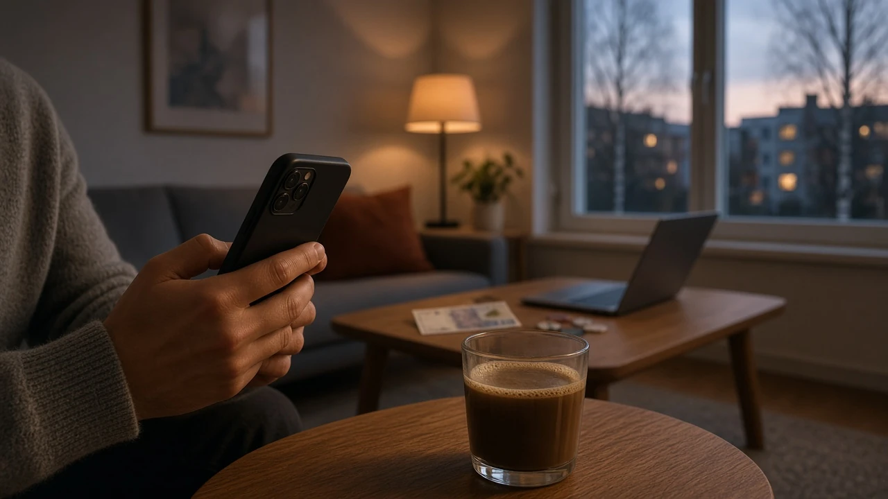Händer som håller en smartphone i en mysig svensk vardagsrumsmiljö vid skymning