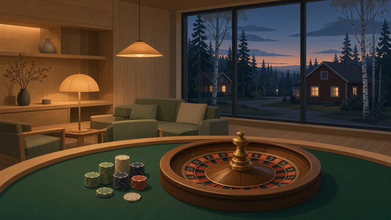 Skandinavisk casinomiljö med roulettebord och marker