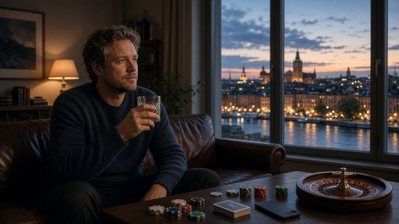 Svensk man i modernt vardagsrum med casinotillbehör och Stockholms silhuett i fönstret