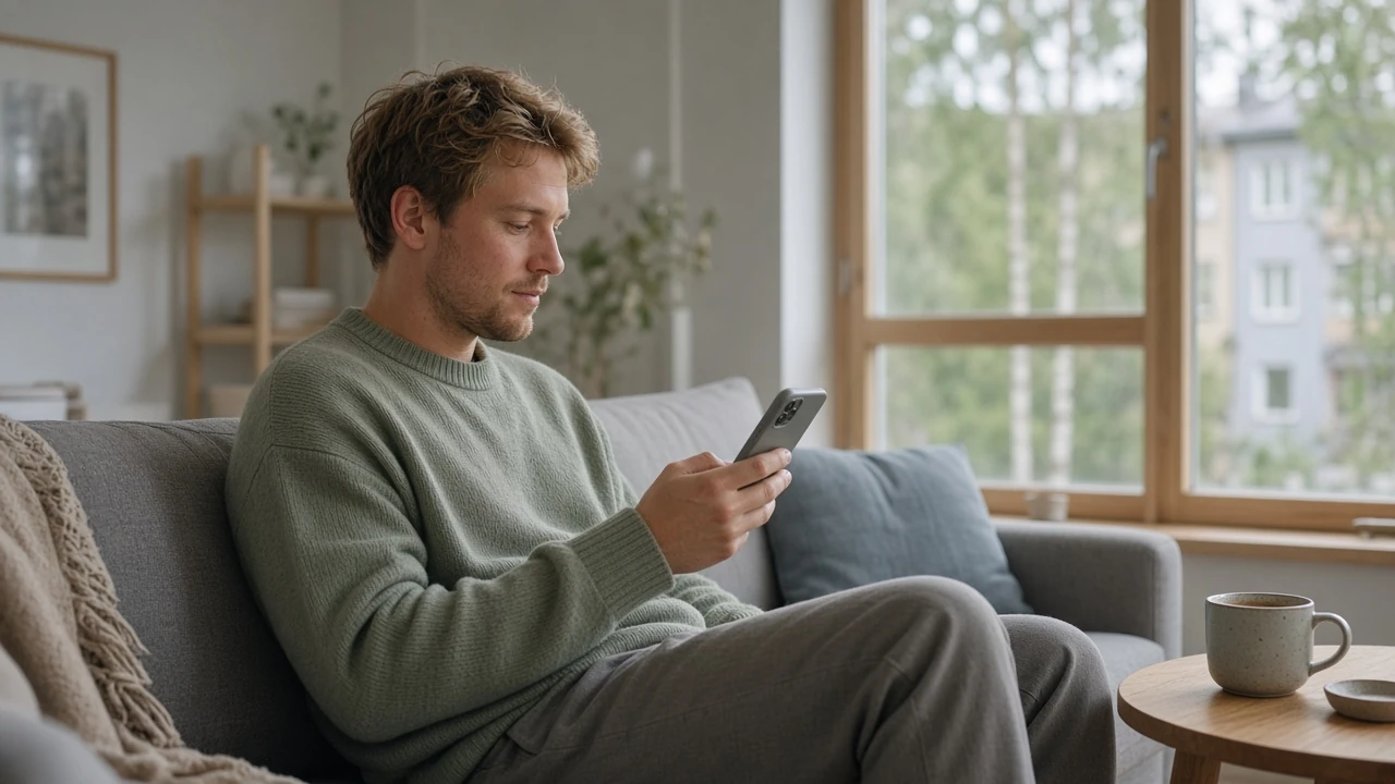 Person som kopplar av i en skandinavisk lägenhet och håller i en smartphone