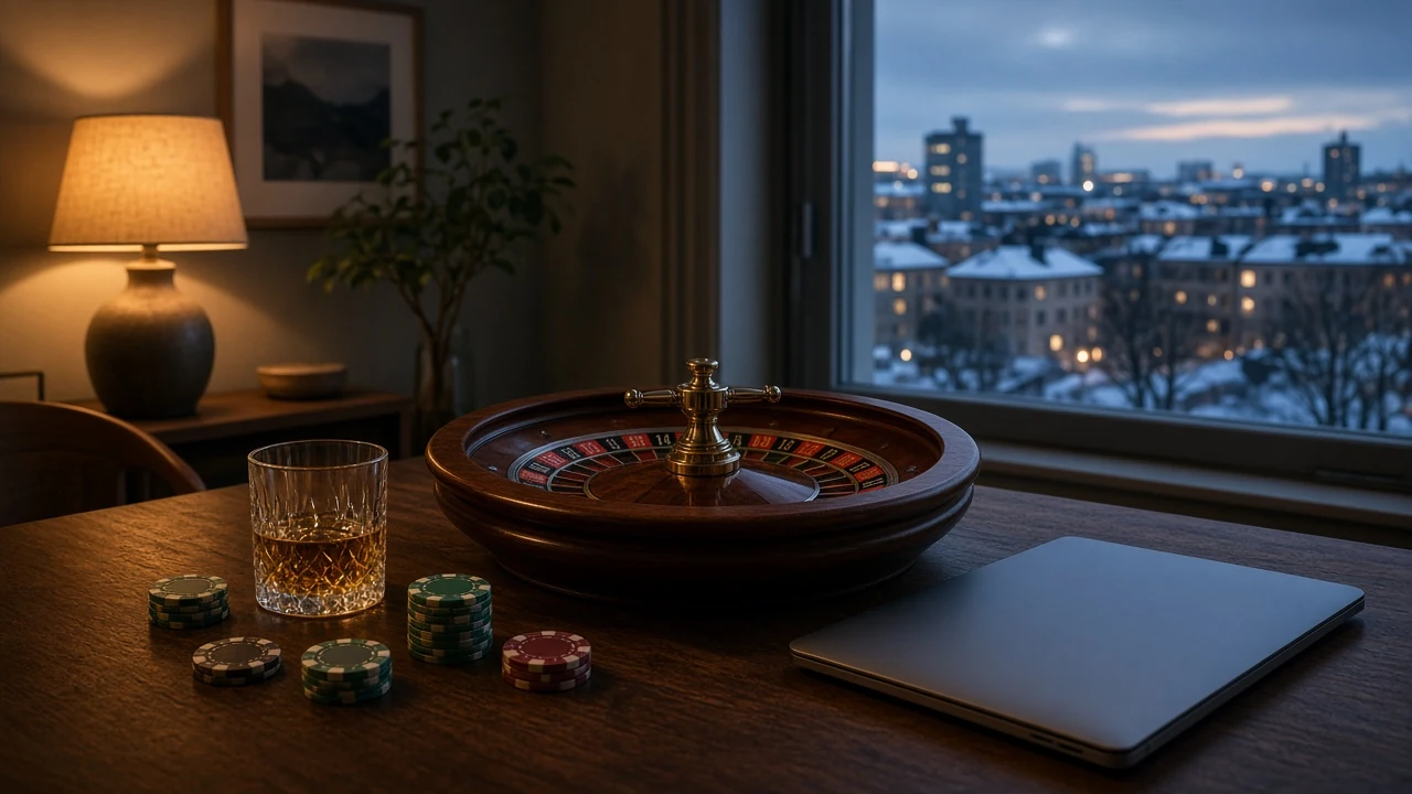 Roulettehjul och casinok chips på bord i modern svensk lägenhet