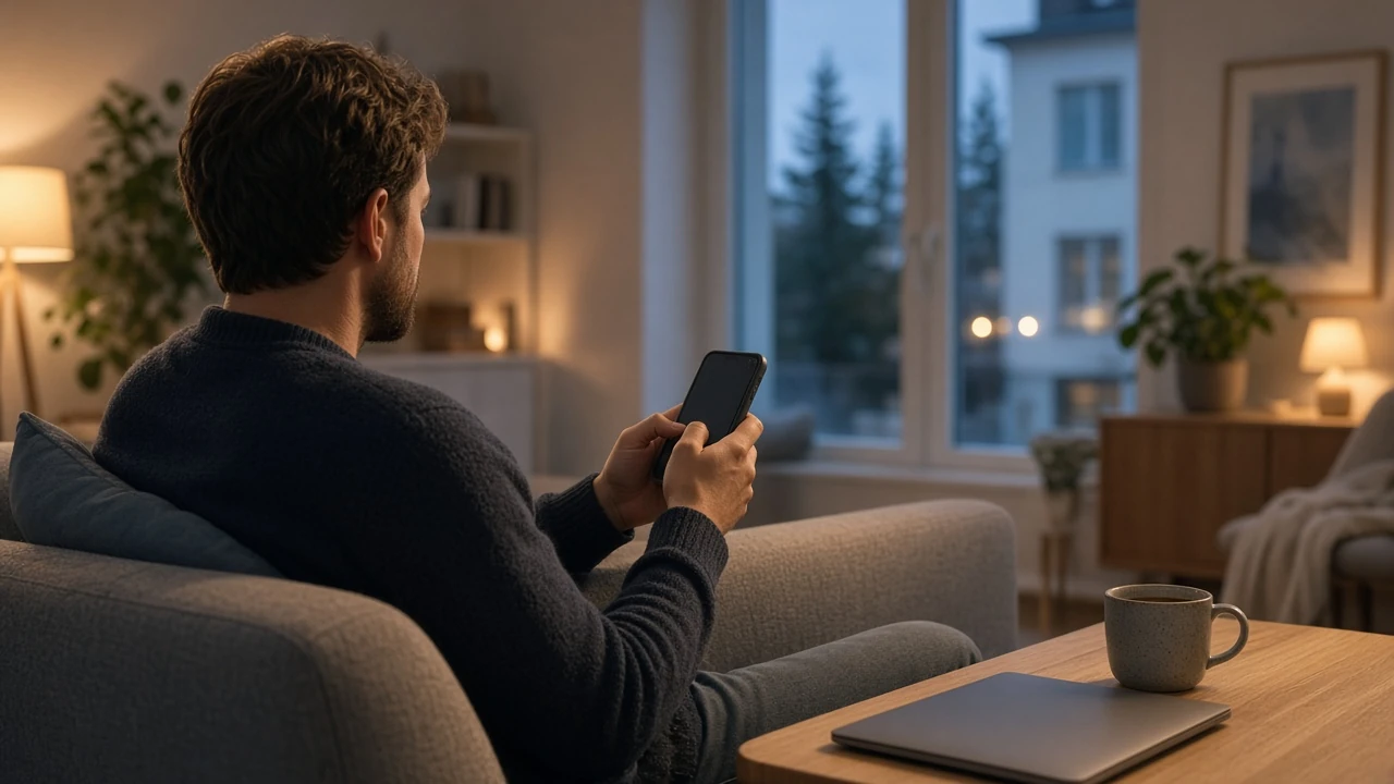 Person i modernt svenskt vardagsrum med smartphone, BankID och Pay N Play-känsla