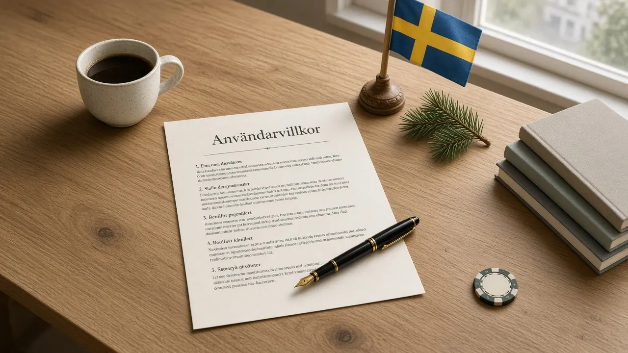 Användarvillkor-dokument på ett nordiskt skrivbord med svensk flagga och penna