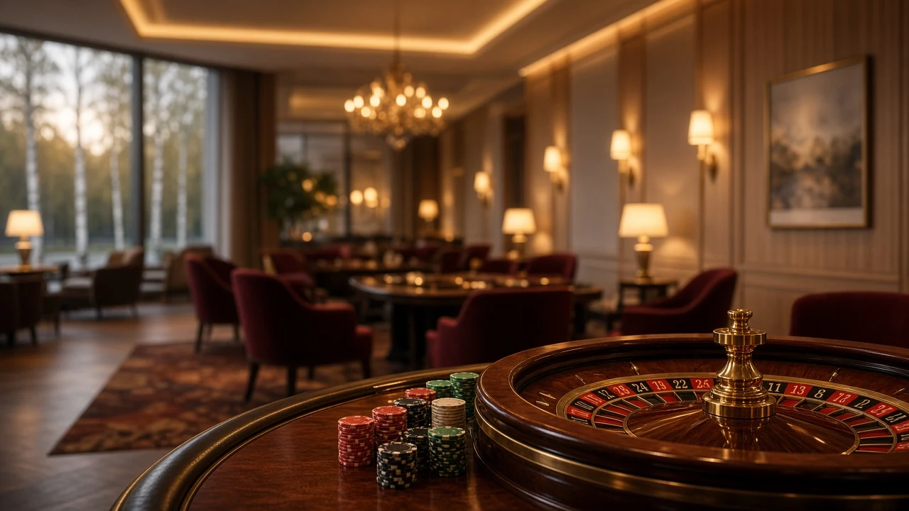 Elegant casinolobby med roulettebord och marker i varm belysning